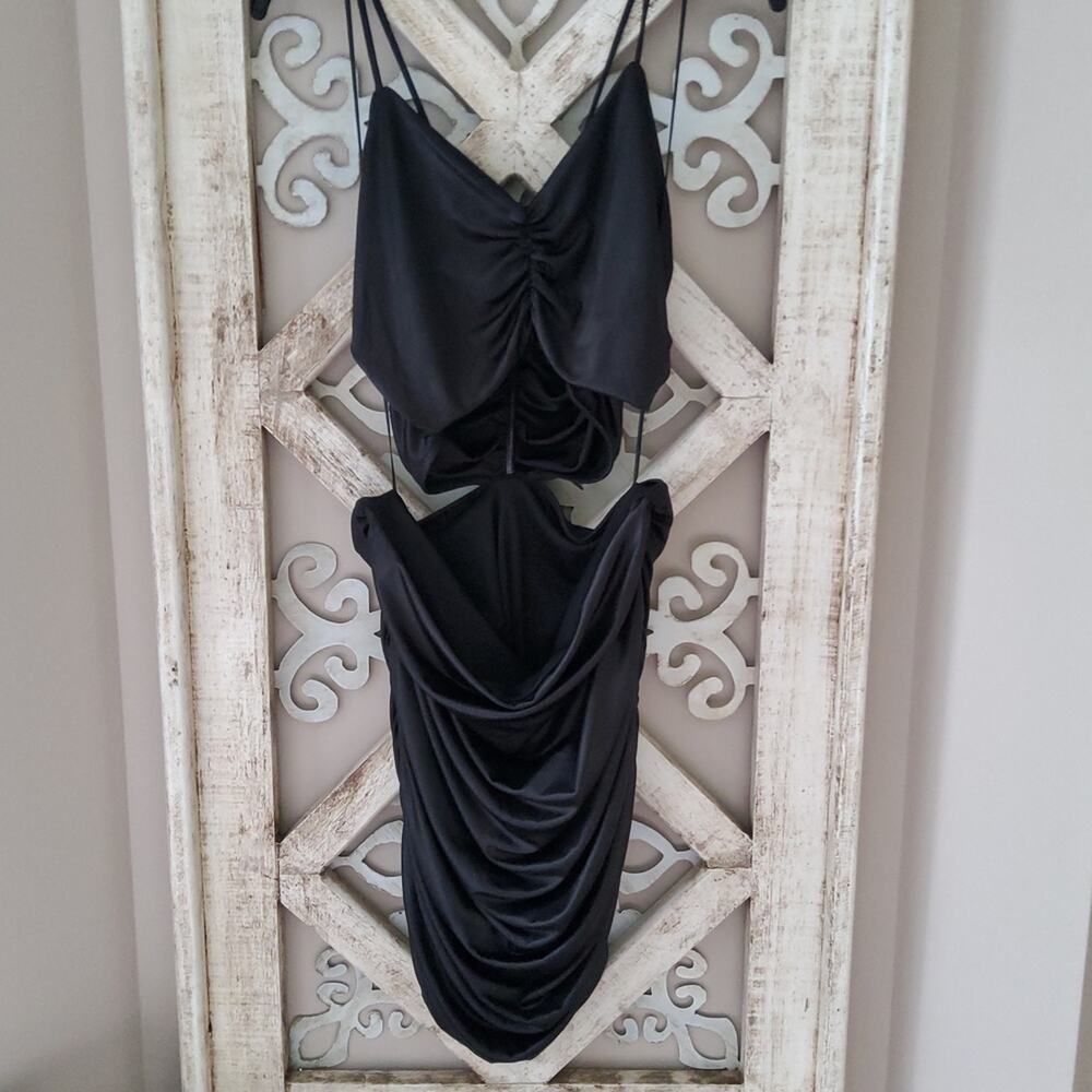 BP Nordstrom Black Satin Ruched Cutout V‑Neck Mini Dress Juniors L NWT